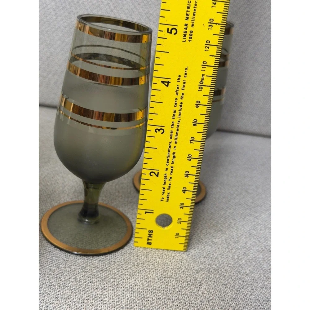 Vintage‎ Smoky Gray Gold Decanter Set 6 Cordial Glasses MCM Hollywood Regency
